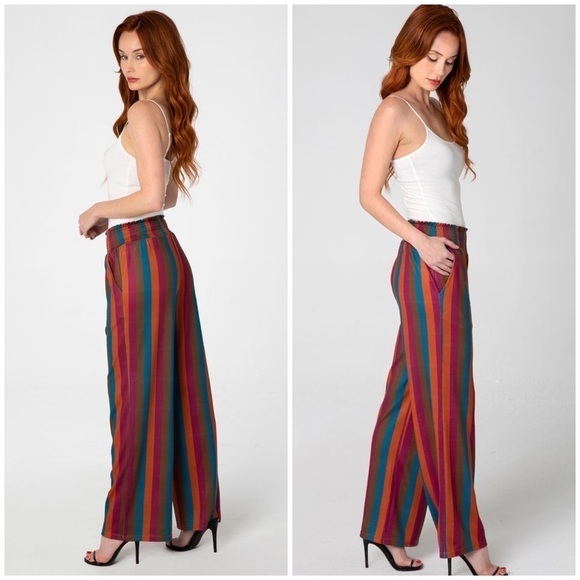 Miss Lulo Kai Autumn Stripes Wide Leg Pull On Pants Smocked Waist Sz XL - Picture 2 of 11